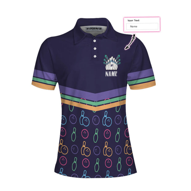 Personalized Custom Name Colorful Bowling Pattern Custom Cosplay Short Sleeve Woman Polo Shirt, Bowling Themed Shirt For Ladies, Cool Gift For Bowlers