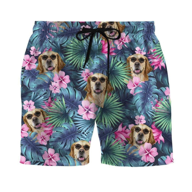 Golden Retriever In Green Leaves Pattern Funny Style - Beach Shorts