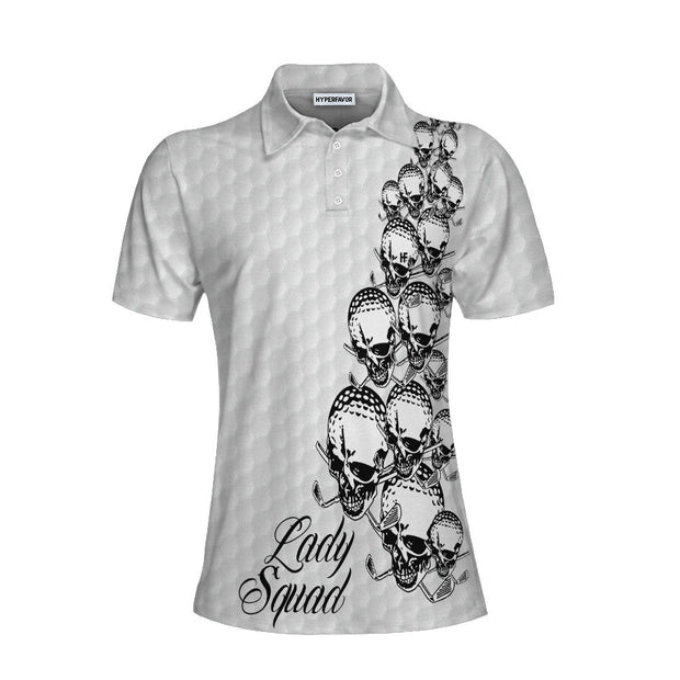 Golf Ball Texture With Skull Golf Short Sleeve Women Polo Shirt, Black And White Skull Golf Shirt For Ladies