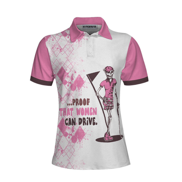 Ladies Mrs. Bones Golf Pink Argyle Short Sleeve Women Polo Shirt, Proof That Women Can Drive White And Pink Golf Shirt For Ladies
