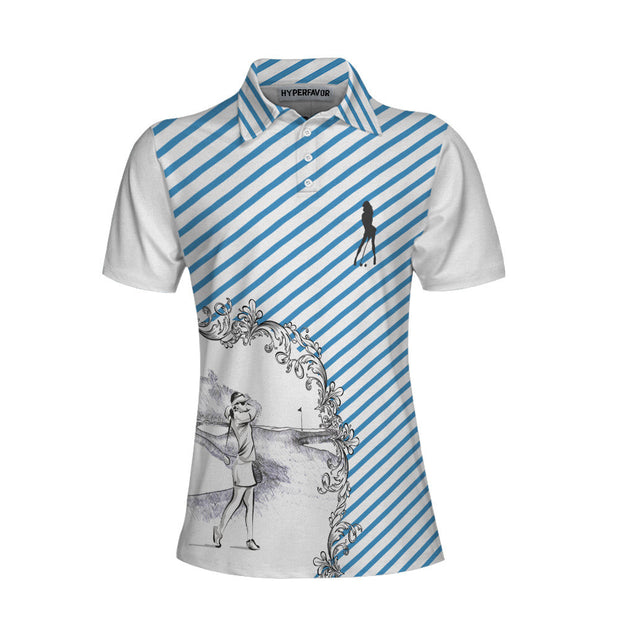 Blue Striped And Sketching Golf Girl Golf Short Sleeve Women Polo Shirt, Best Gift For Female Golfers