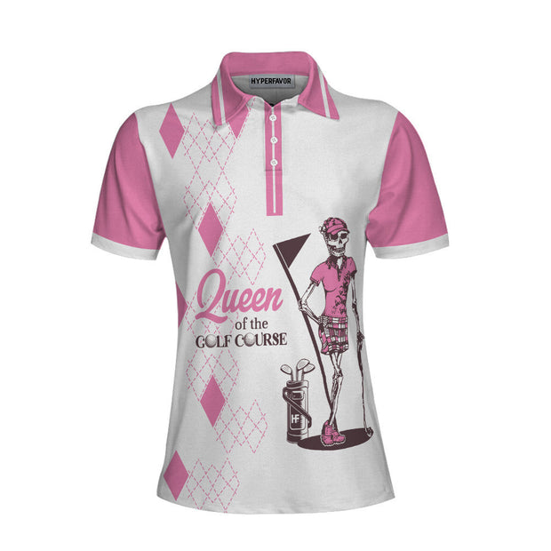 Queen Of The Golf Short Sleeve Women Polo Shirt, White And Pink Argyle Pattern Golf Shirt For Women