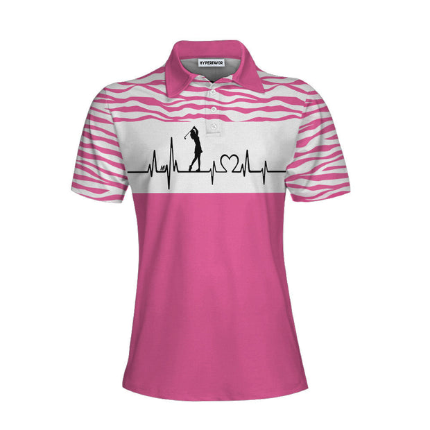 Pink Zebra Pattern Golf Girl Heartbeat Golf Short Sleeve Women Polo Shirt, Best Pink Golf Shirt For Ladies