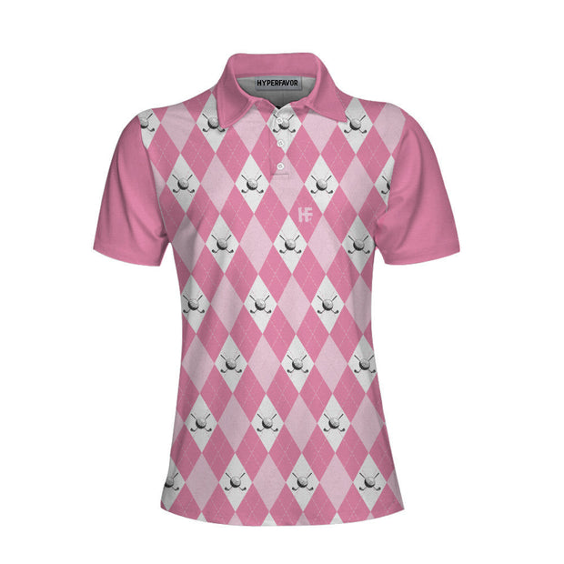Golf Polo Short Sleeve Women Polo Shirt, Pink Argyle Seamless Pattern Golf Shirt For Ladies