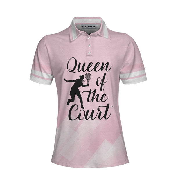 Queen Of The Court Pink Short Sleeve Women Polo Shirt, Cool Tennis Shirt For Ladies