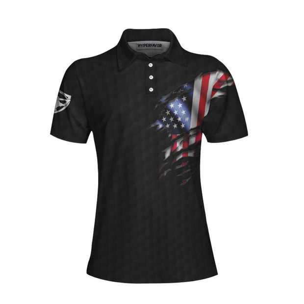 American Women Golfer Black Version Golf Short Sleeve Women Polo Shirt, American Flag Ladies Golf Shirt