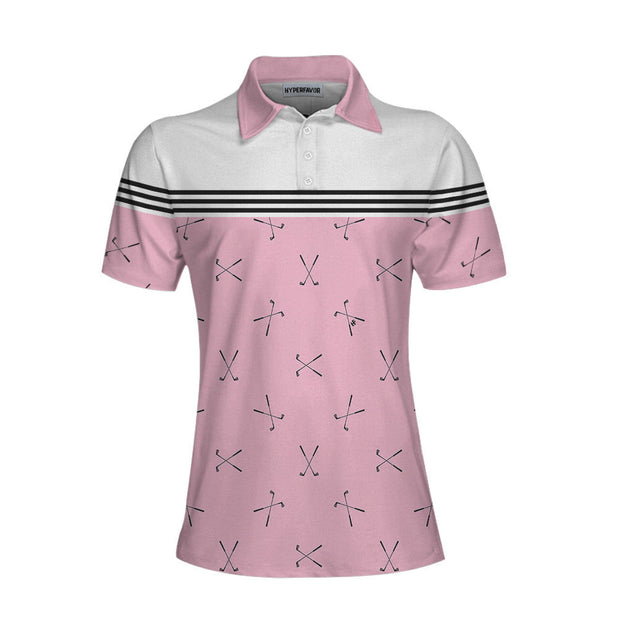 Hole In One Pink Golf Short Sleeve Women Polo Shirt, Golf Club Repeat Pattern Golfing Shirt, Pink Shirt For Women