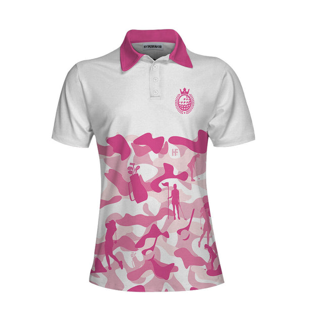 Pink Camouflage Pattern With Women Golfer Short Sleeve Women Polo Shirt, White And Pink Camo Golf Shirt For Ladies