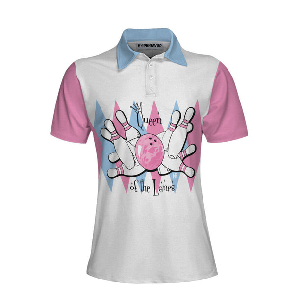 Queen Of The Lanes Pink And Blue Bowling Short Sleeve Women Polo Shirt, Bowling Shirt For Ladies