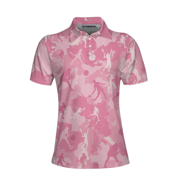 Pink Camouflage Tennis Girl Short Sleeve Women Polo Shirt, Camo Tennis Shirt For Ladies