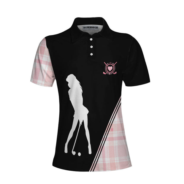 Golf Girl In Black And Pink Plaid Pattern Golf Women Polo Shirt