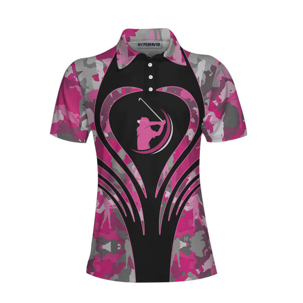 Golf Girl Pink Camouflage Pattern Short Sleeve Women Polo Shirt, Unique Female Golf Gift