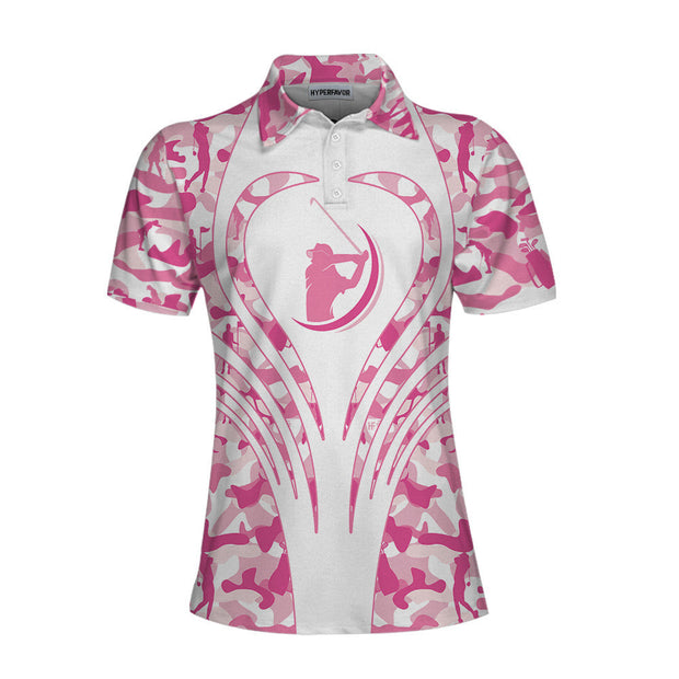 White Pink Camouflage Thinning Layout Golf Short Sleeve Women Polo Shirt, Best Golf Shirt For Female Golfers