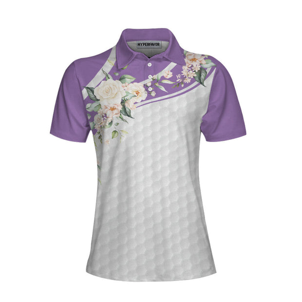 Golf Ball Texture With Roses Golf Short Sleeve Women Polo Shirt, Purple Golfing Polo Shirt For Ladies