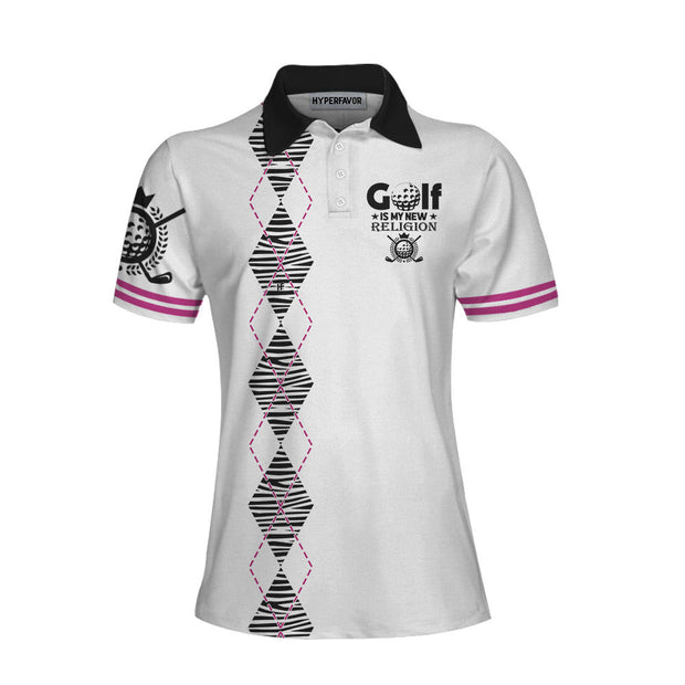 Golf Is My New Religion Golf Short Sleeve Women Polo Shirt, Zebra Argyle Golf Shirt For Ladies, Unique Golf Gift