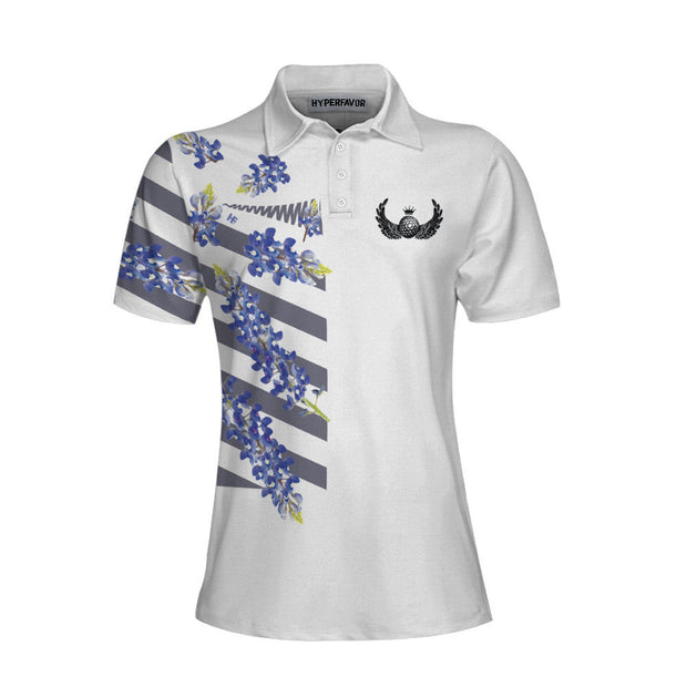 Bluebonnet Golf Short Sleeve Women Polo Shirt, Floral Texas Golf Shirt For Ladies
