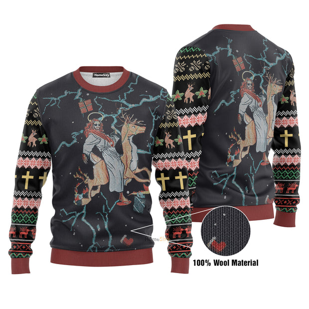 Jesus Riding Reindeer Black Christmas Ugly Christmas Sweater 3D Printed Best Gift For Xmas US1837 QT211206Hj