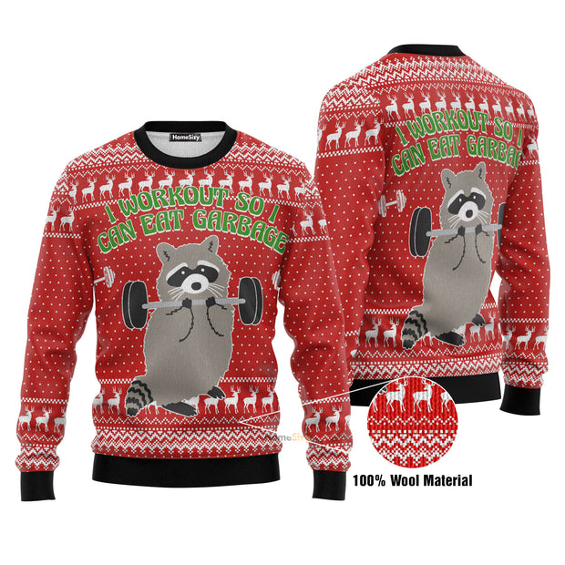 I Workout So I Can Eat Garbage Raccoon Ugly Christmas Sweater 3D Printed Best Gift For Xmas Adult | US4482 QT212115Hj
