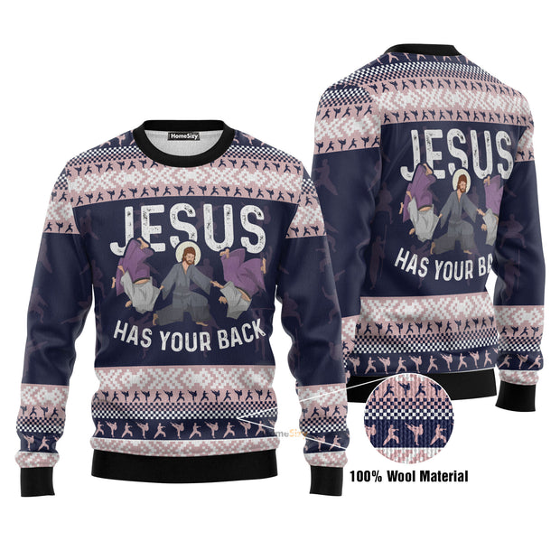 Funny Jesus Has Your Back Jiu Jitsu Ugly Christmas Sweater 3D Printed Best Gift For Xmas UH1306 QT309478