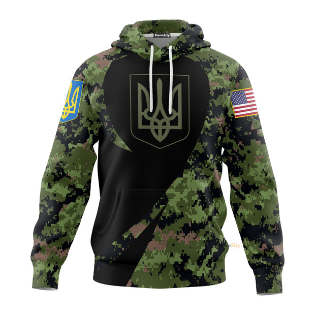 Personalized Custom Name USA Stands With Ukraine Slava Ukraini Camo Hoodie Trident Ukraine Symbol Clothing QT306179Hf