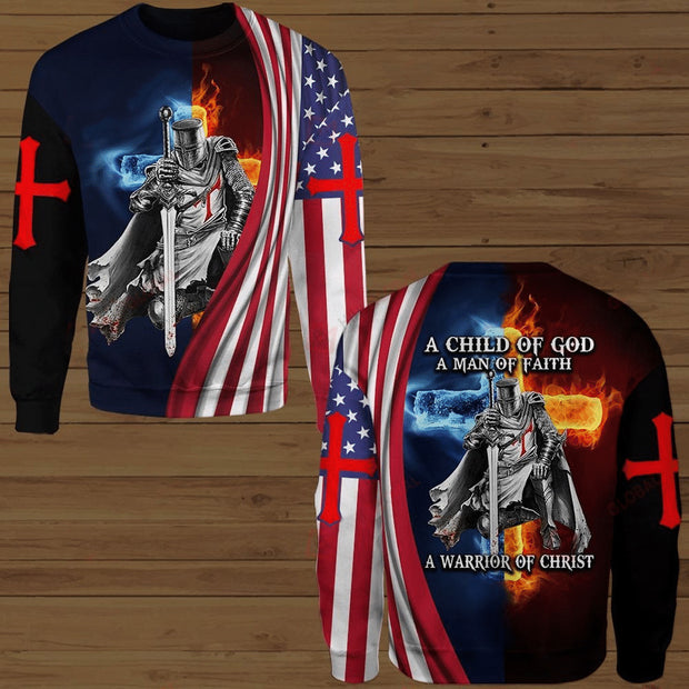 A Child Of God American Flag Fire Knight Jesus Christ Christian Sweatshirt