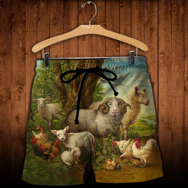 Sheep And Chickens Farming Animals - Beach Shorts