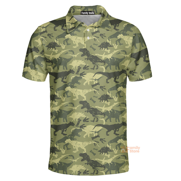 Camouflage Dinosaur Pattern Short Sleeve Polo Shirt, Camo Military Polo Shirt, Best Dinosaur Shirt For Men QT308414