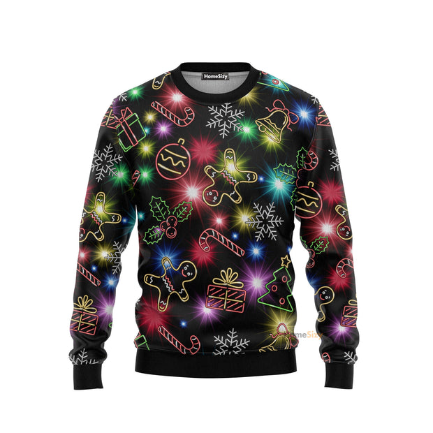 Christmas With Tree And Gift Cookies Gingerbread Man Neon Style Ugly SweaterQT211623Hj