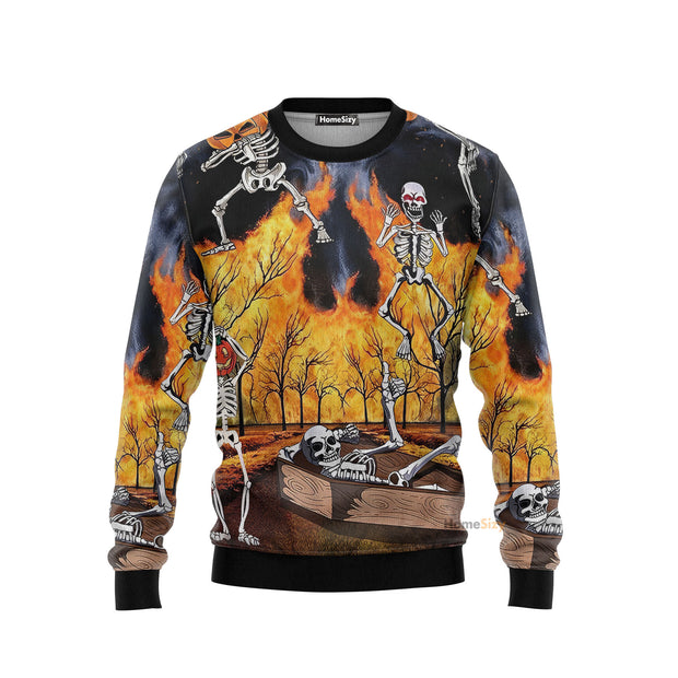 Halloween Skeleton Party Pumpkin Burning Scary Ugly Sweater QT212384Hc