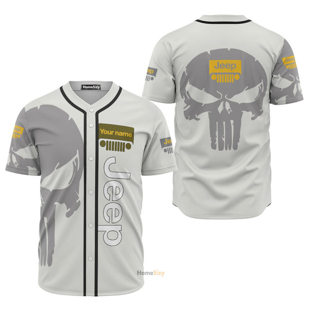Custom Name Grey Jeep Skull - Personalized Baseball Jersey