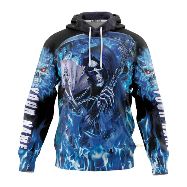 Personalized Custom Name Grim Reaper Blue Fire Skull 3D Printed Hoodie QT306138Hg