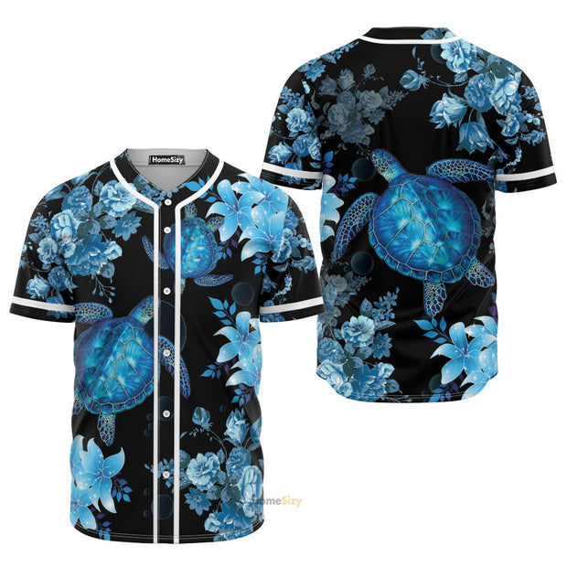 Blue Sea Turtle And Flowers - Baseball Jersey