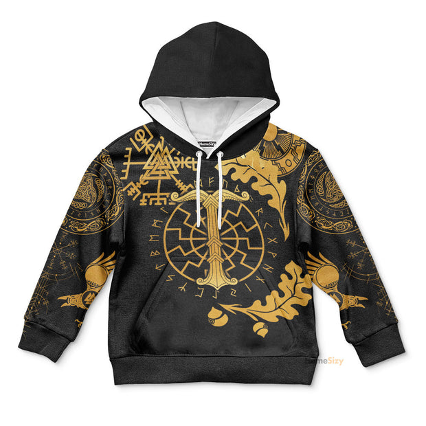 Viking Oak Leaf Valknut Vegvisir With Irminsul - Gold Kid Hoodie QT306164Hf