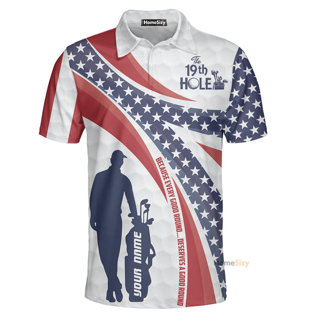 Personalized Custom Name The Nineteenth Hole Custom Cosplay Polo Shirt, American Flag Golfer Polo Shirt, Best Golf Shirt For Men QT308703