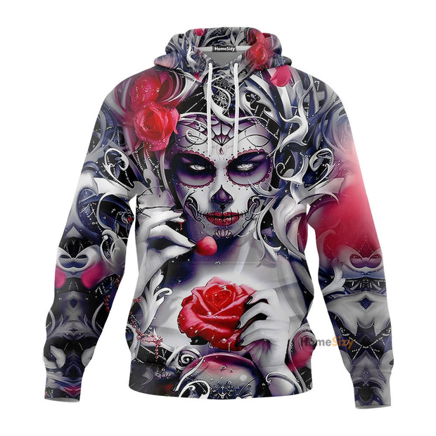 Beautiful Roses Queen Sugar Skull Hoodie and Sweatpants Set QT210119