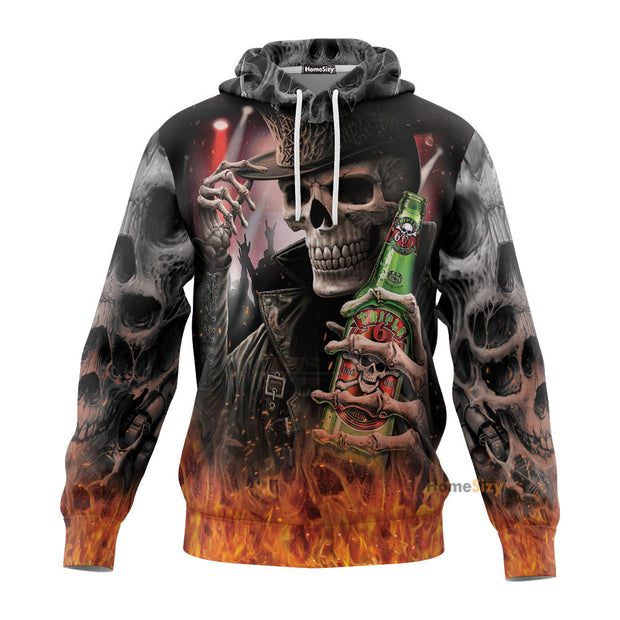 Punk Rock Heavy Metal Drinker Cowboy Fire Skull 3D Printed Hoodie QT208539Hg