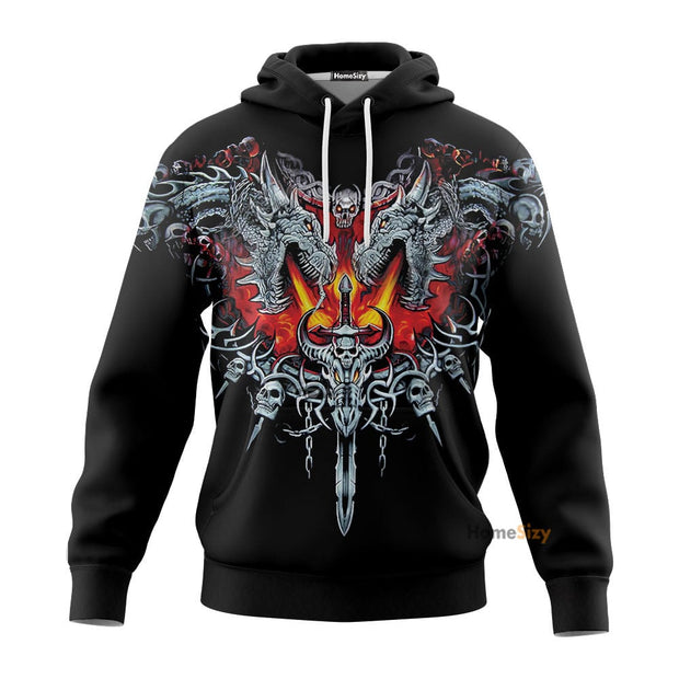 QT204328Hf Black Dragon Sword Fire Skull 3D Printed Hoodie