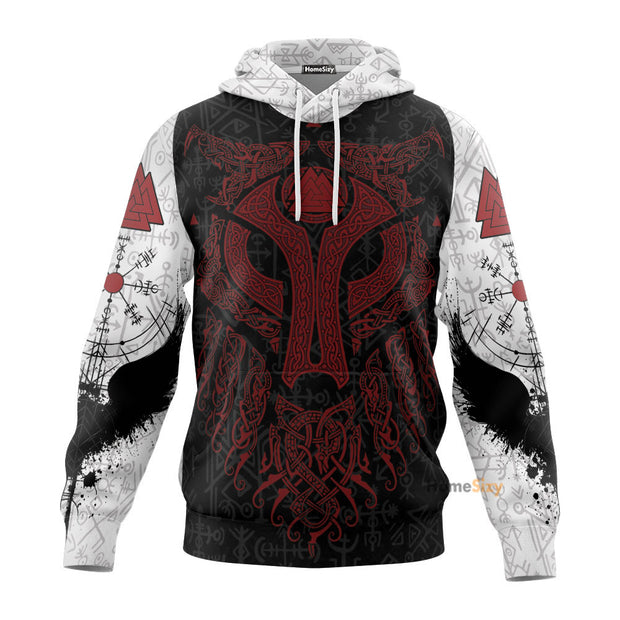 Viking Wolf and Raven Valknut Runes Red - All Over Hoodie 131 QT307242