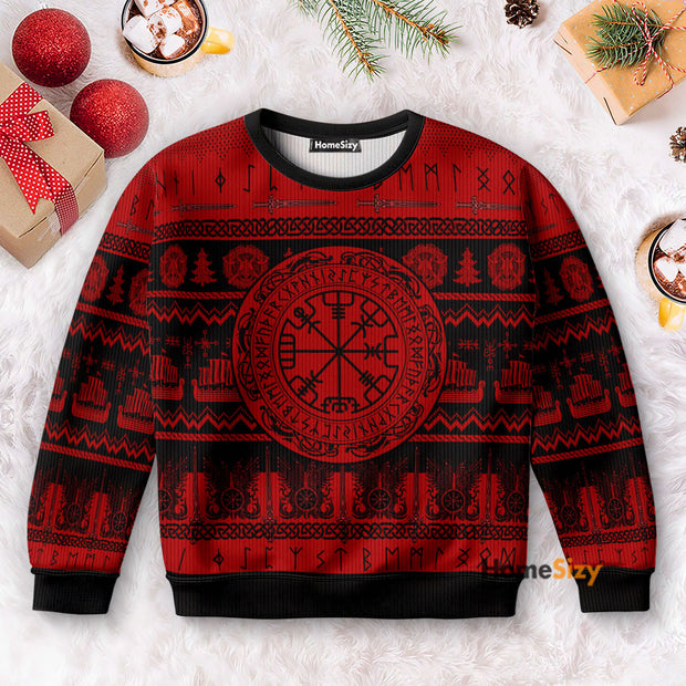 Viking Vegvisir Red Black - Christmas Gift For Adults - 3D Ugly Christmas Sweater
