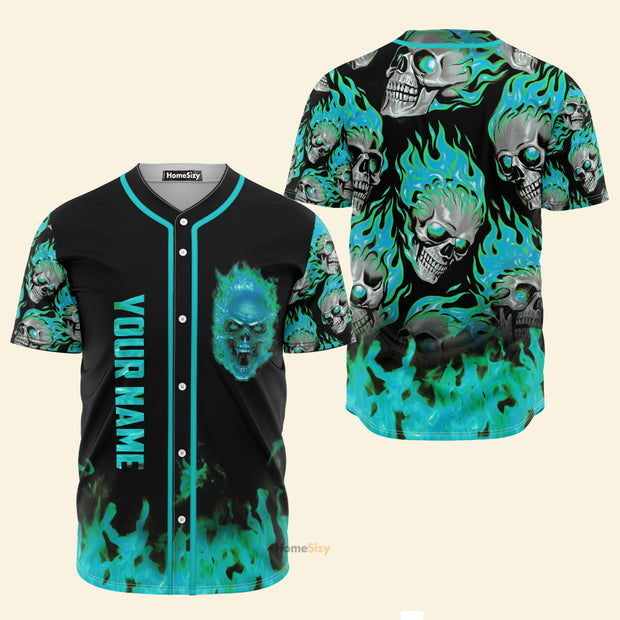 Custom Name Skull Mint Fire - Personalized Baseball Jersey