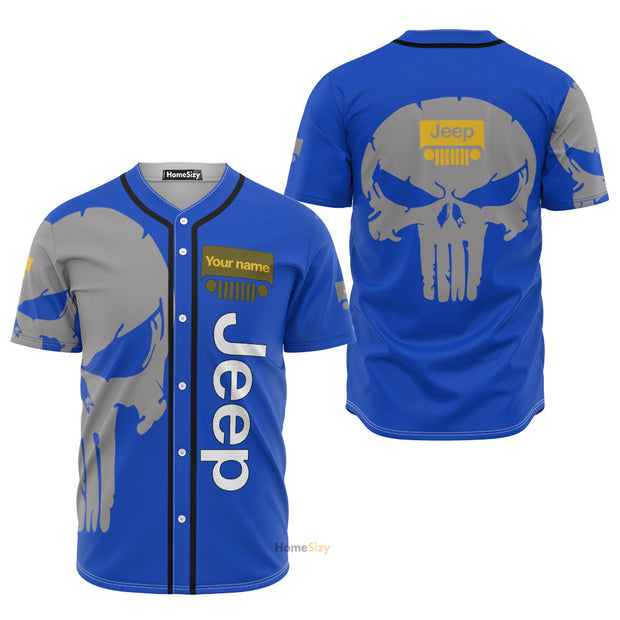 Custom Name Blue Jeep Skull - Personalized Baseball Jersey