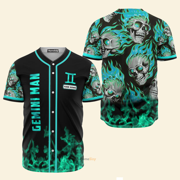 Custom Name Gemini Skull Flame Zodiac - Personalized Baseball Jersey