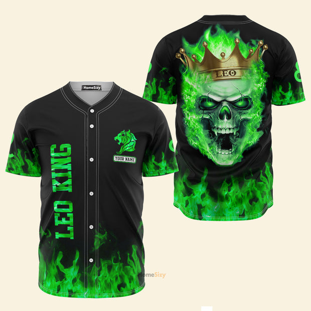 Custom Name Leo Is The King Zodiac Skull - Personalized Baseball Jersey