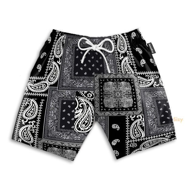 Black Multiple Paisley Bandanas - Beach Shorts