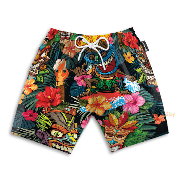 Tiki Tiki Awesome In Green Leaves Pattern Funny Style - Beach Shorts