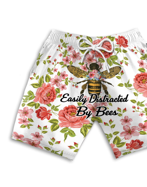 Easily Distracted By Bees Pink Flowers Pattern - Beach Shorts