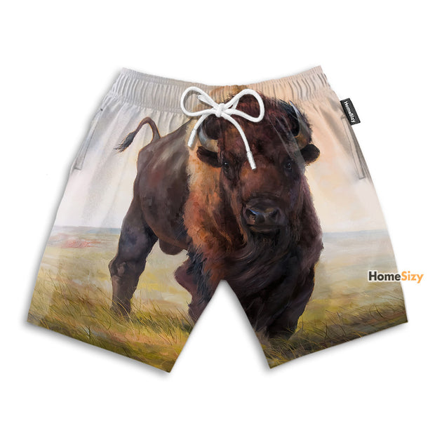 Bison In Field Funny Style - Beach Shorts