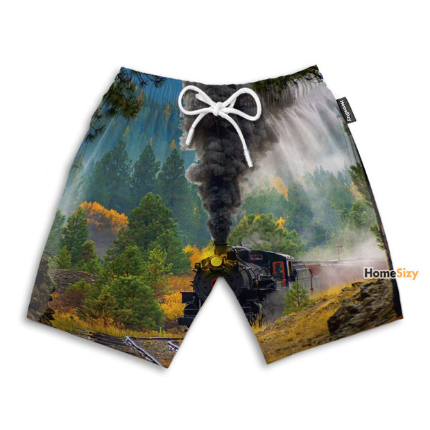 Vintage Black Locomotive Train - Beach Shorts