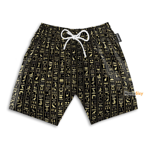 Golden Egyptian Hieroglyphs Pattern - Beach Shorts