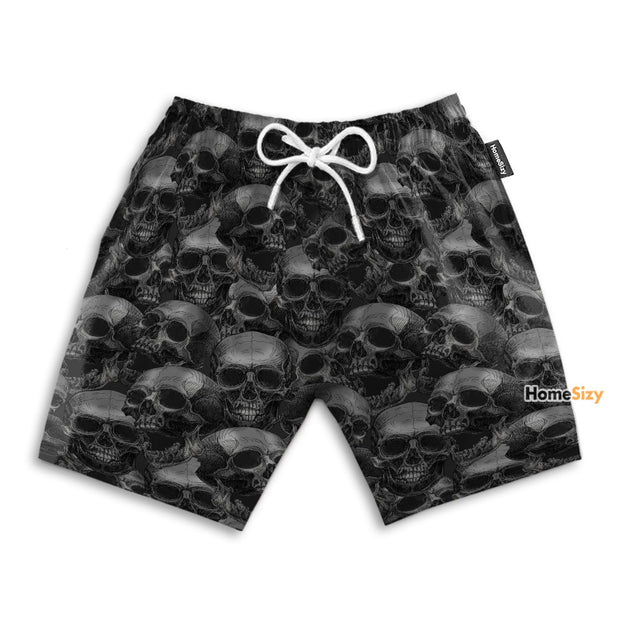 Sketch Human Skull Black And White Skull Seamless Pattern - Beach Shorts